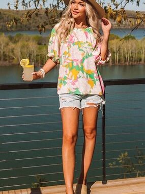 Flying Tomato Floral Ruffled Short-Sleeve Top in Pink, Green & Yellow